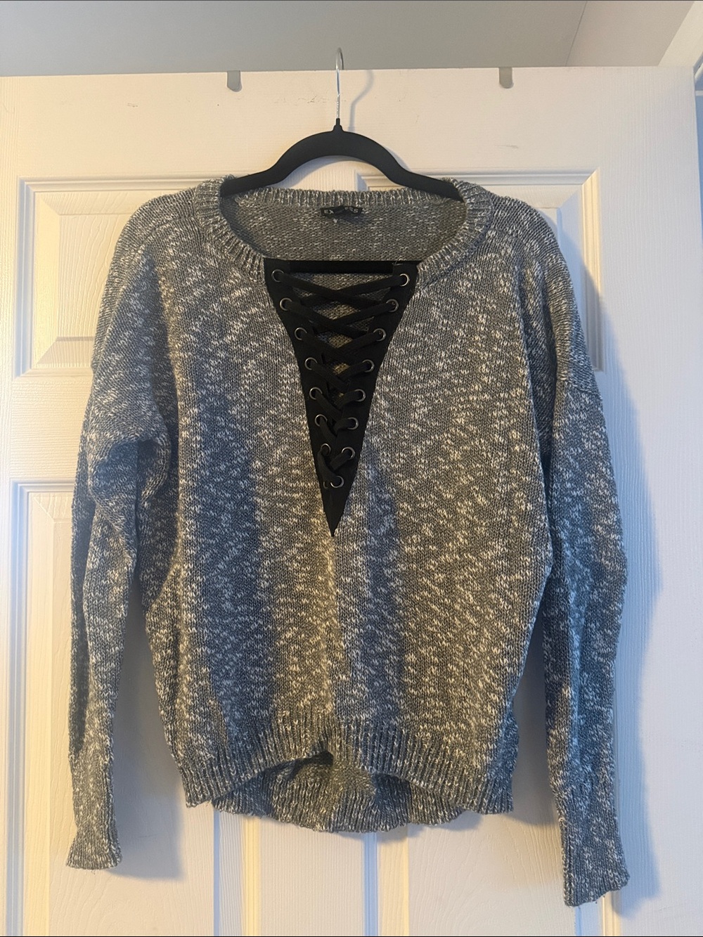 Express Gray Marled Lace-Up V-Neck Sweater